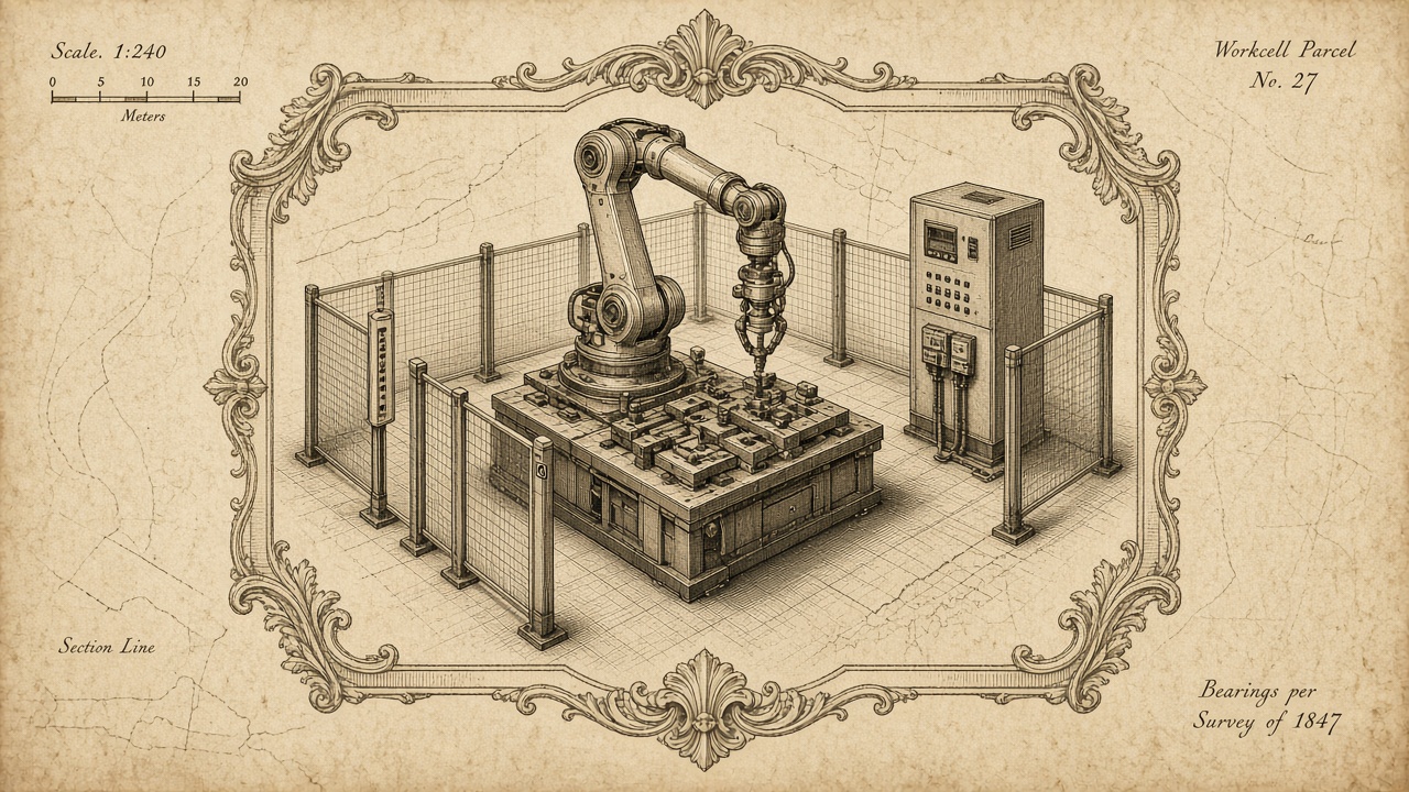Engraved robotic cell with arm, fence, and PLC cabinet