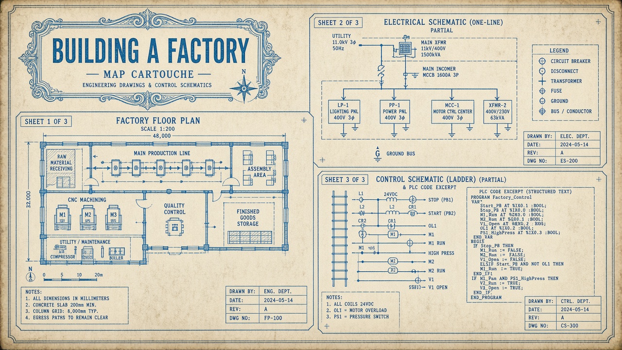 Factory blueprints: floor plan, electrical drawing, and code
