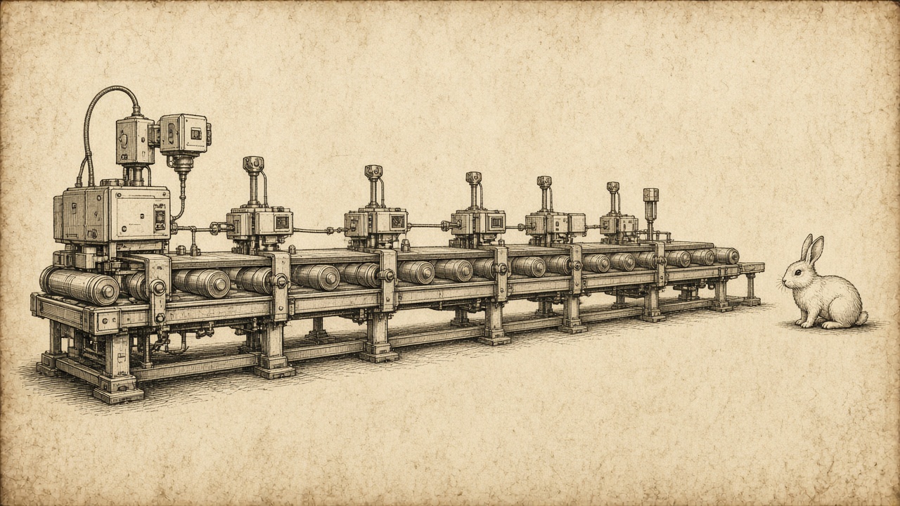 Automation line with a white rabbit at the right end